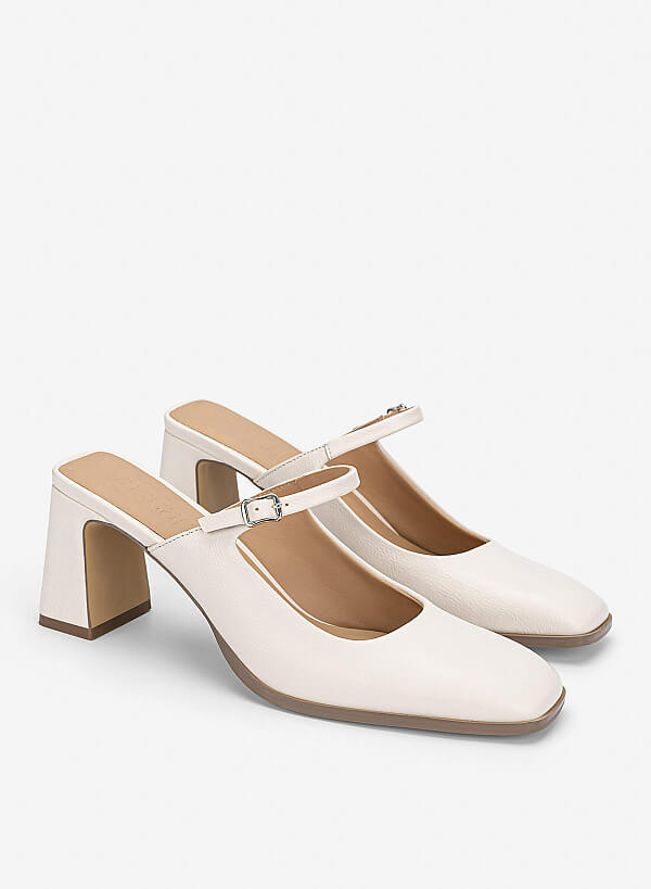 Mary Jane Block Heel Mules - MUL 0222 - Cream - VASCARA