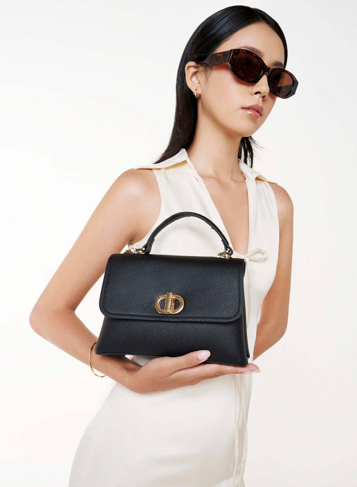 Metal Lock Décor Handbag - SAC 0337 - Black - vascara.com