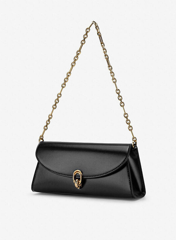 Metal Lock Fold-Over Shoulder Bag - MES 0279 - Black - VASCARA
