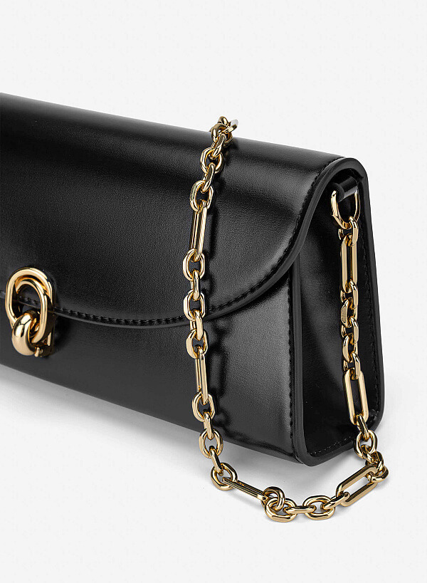 Metal Lock Fold-Over Shoulder Bag - MES 0279 - Black - VASCARA
