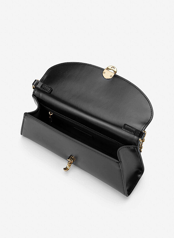 Metal Lock Fold-Over Shoulder Bag - MES 0279 - Black - VASCARA