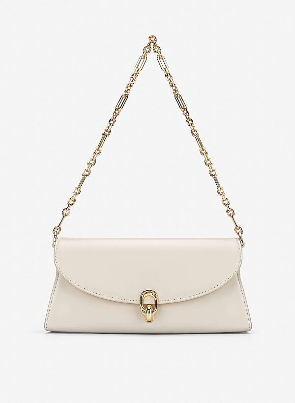 Metal Lock Fold-Over Shoulder Bag - MES 0279 - Cream