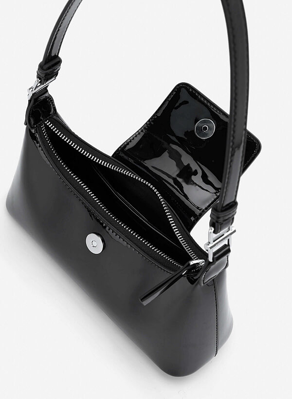 Patent Leather Hobo Bag - MES 0280 - Black - VASCARA