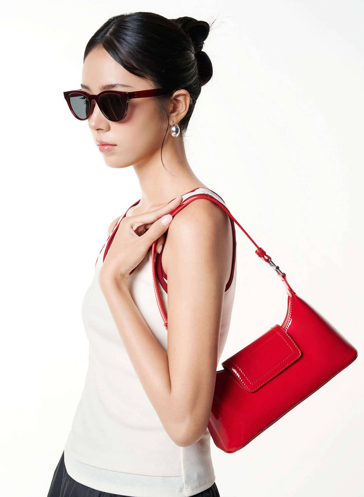 Patent Leather Hobo Bag - MES 0280 - Red - vascara.com