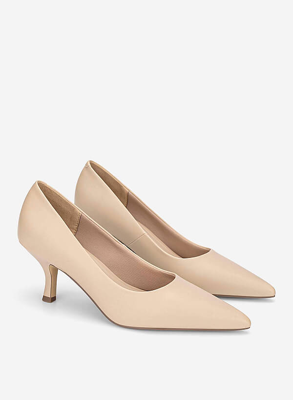 Pointed Toe Kitten Heel Pumps - HIG 0720 - Beige - VASCARA