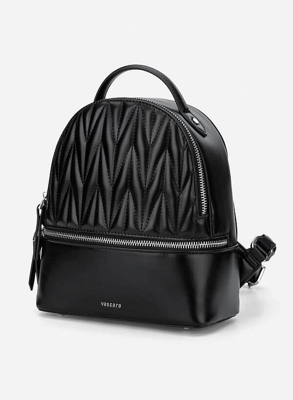 Quilted Zipper Detail Mini Backpack - BAK 0219 - Black - VASCARA