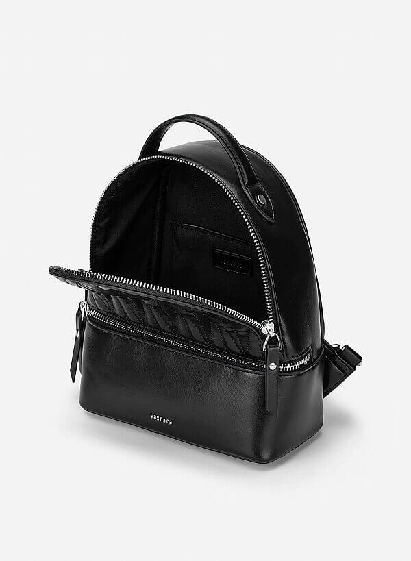 Quilted Zipper Detail Mini Backpack - BAK 0219 - Black - VASCARA