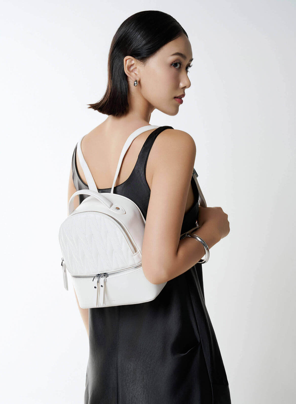 Quilted Zipper Detail Mini Backpack - BAK 0219 - Cream - vascara.com