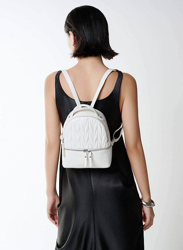 Quilted Zipper Detail Mini Backpack - BAK 0219 - Cream - VASCARA