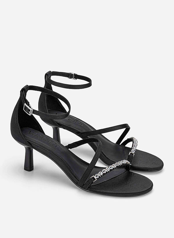 Rhinestone Strap Kitten Heel Sandals - PUM 0815 - Black - VASCARA