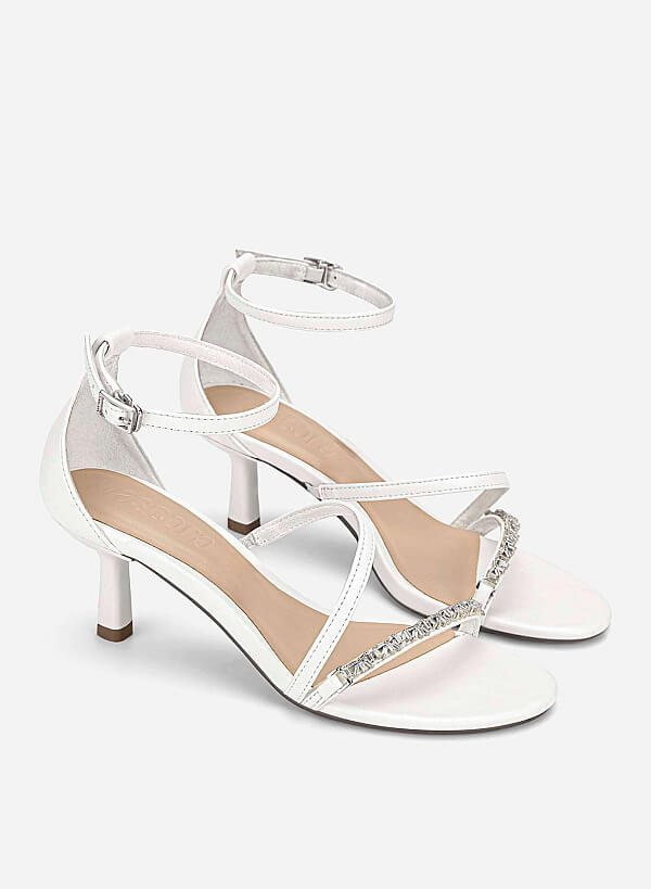 Rhinestone Strap Kitten Heel Sandals - PUM 0815 - White - VASCARA