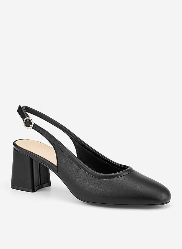 Round Toe Block Heel Slingbacks - HIG 0719 - Black - VASCARA