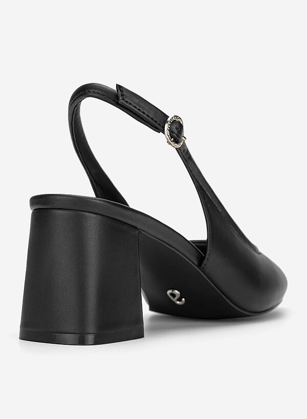 Round Toe Block Heel Slingbacks - HIG 0719 - Black - VASCARA