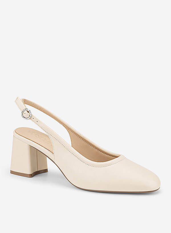 Round Toe Block Heel Slingbacks - HIG 0719 - Cream - VASCARA
