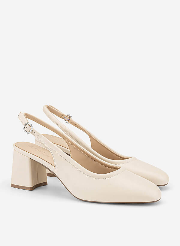 Round Toe Block Heel Slingbacks - HIG 0719 - Cream - VASCARA