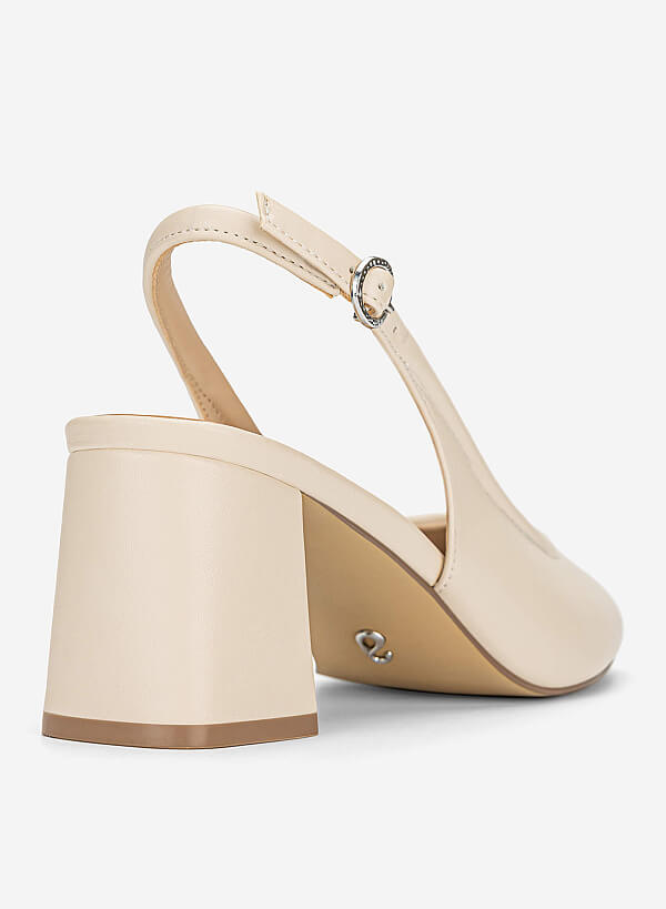 Round Toe Block Heel Slingbacks - HIG 0719 - Cream - VASCARA