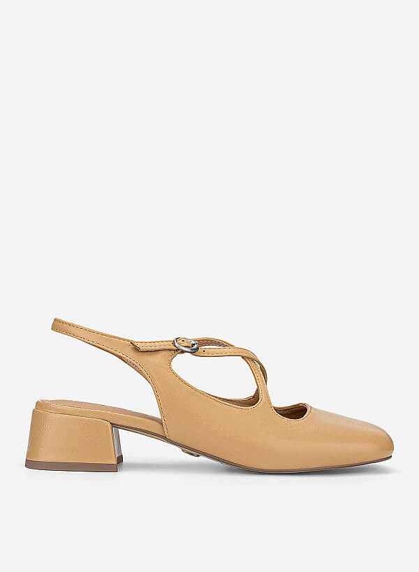Round Toe Cross Strap Slingbacks - HIG 0714 - Beige