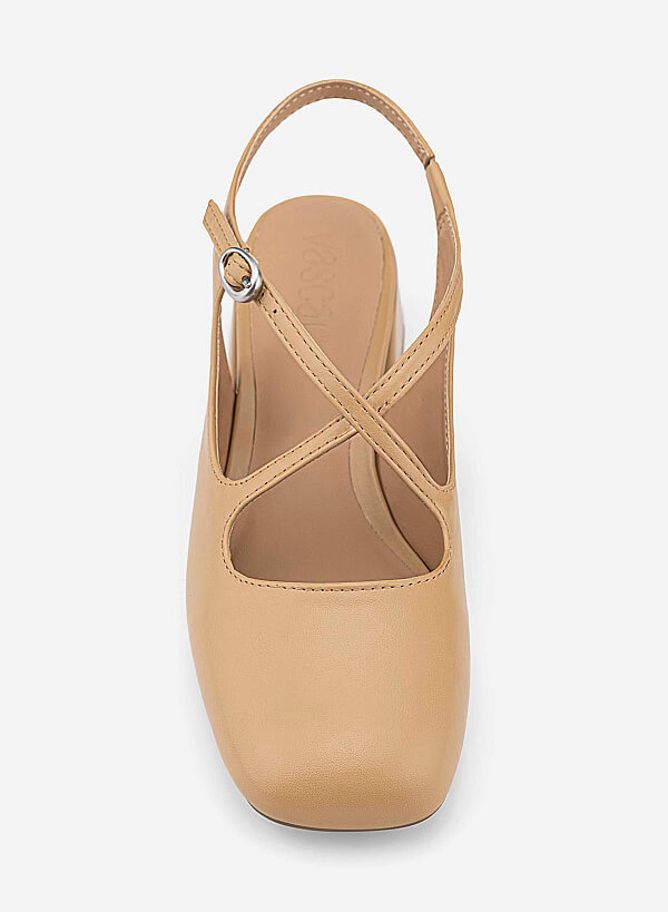 Round Toe Cross Strap Slingbacks - HIG 0714 - Beige - VASCARA