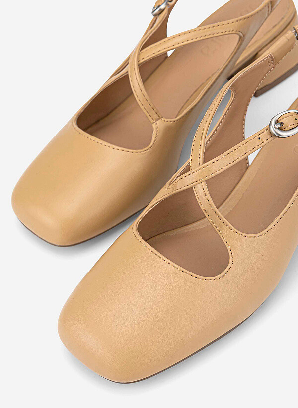Round Toe Cross Strap Slingbacks - HIG 0714 - Beige - VASCARA