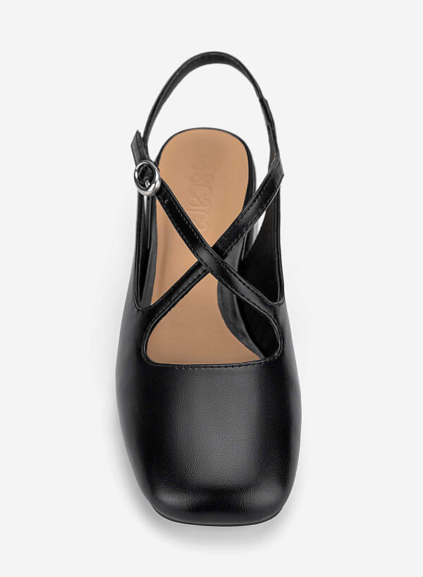 Round Toe Cross Strap Slingbacks - HIG 0714 - Black - VASCARA