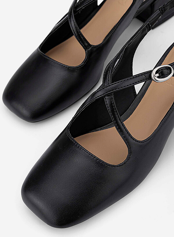 Round Toe Cross Strap Slingbacks - HIG 0714 - Black - VASCARA