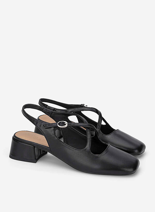 Round Toe Cross Strap Slingbacks - HIG 0714 - Black - VASCARA