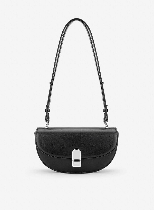 Snap Lock Half-Moon Shoulder Bag - MES 0286 - Black