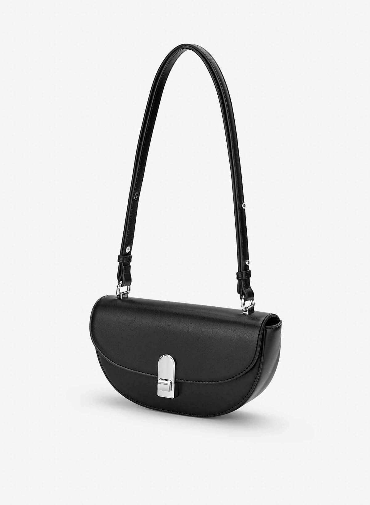 Snap Lock Half-Moon Shoulder Bag - MES 0286 - Black - vascara.com