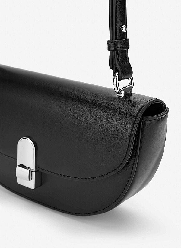 Snap Lock Half-Moon Shoulder Bag - MES 0286 - Black - VASCARA