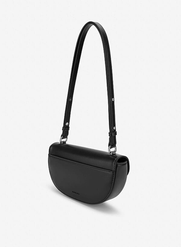 Snap Lock Half-Moon Shoulder Bag - MES 0286 - Black - VASCARA
