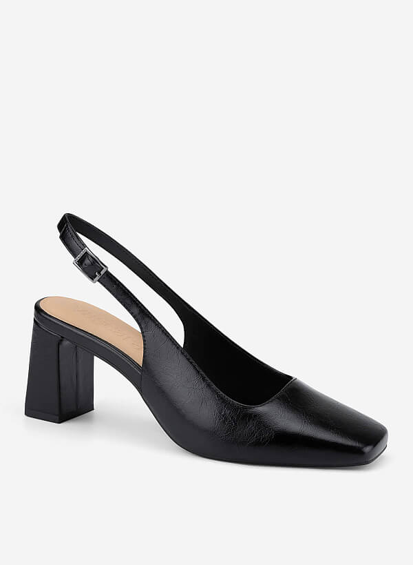 Square Toe Block Heel Slingbacks - HIG 0718 - Black - VASCARA