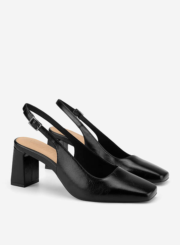 Square Toe Block Heel Slingbacks - HIG 0718 - Black - VASCARA
