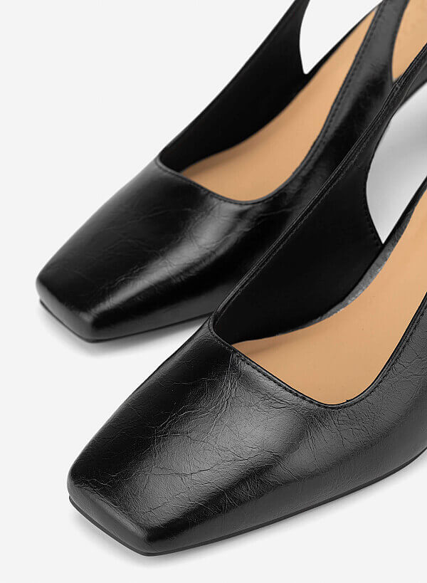 Square Toe Block Heel Slingbacks - HIG 0718 - Black - VASCARA