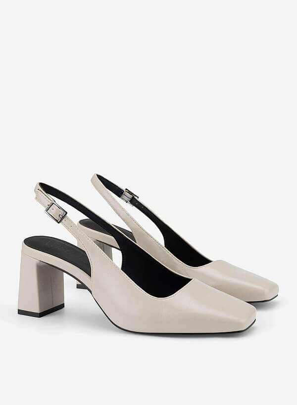 Square Toe Block Heel Slingbacks - HIG 0718 - Cream - VASCARA