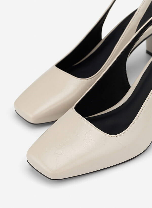 Square Toe Block Heel Slingbacks - HIG 0718 - Cream - VASCARA