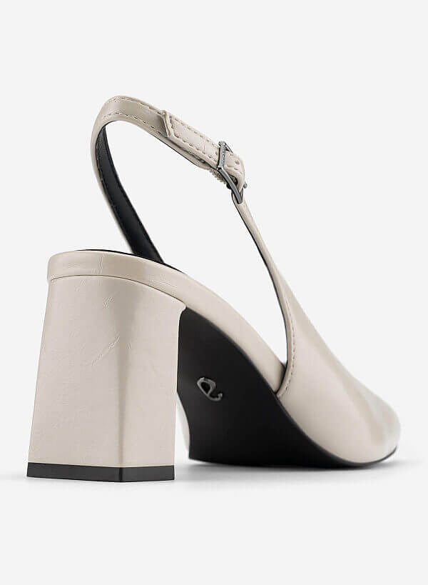 Square Toe Block Heel Slingbacks - HIG 0718 - Cream - VASCARA