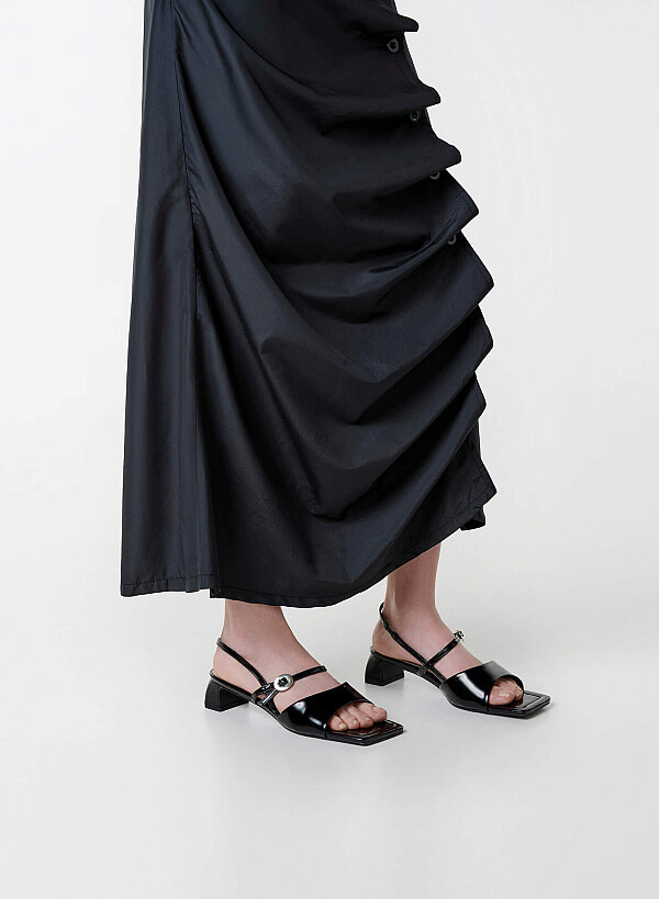 Square Toe Wide Straps Block Heel Sandals - PUM 0824 - Black - VASCARA