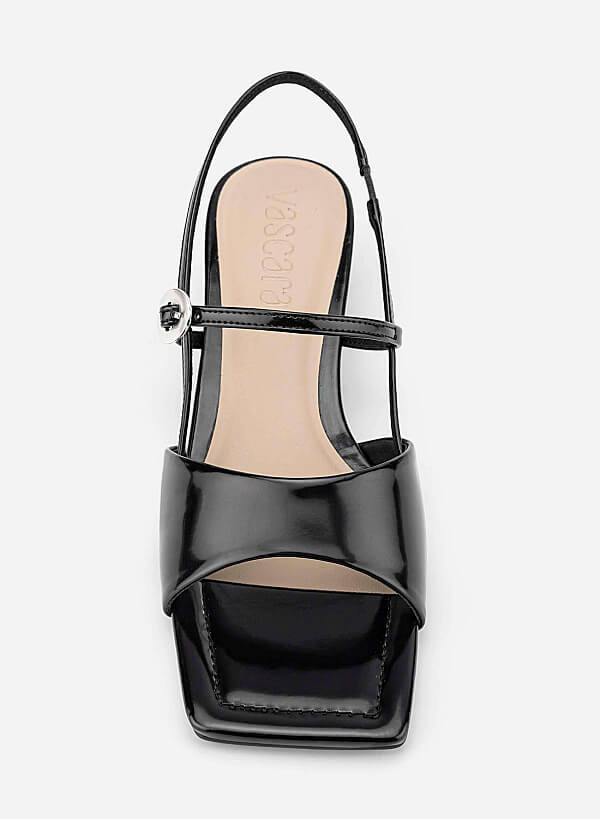 Square Toe Wide Straps Block Heel Sandals - PUM 0824 - Black - VASCARA