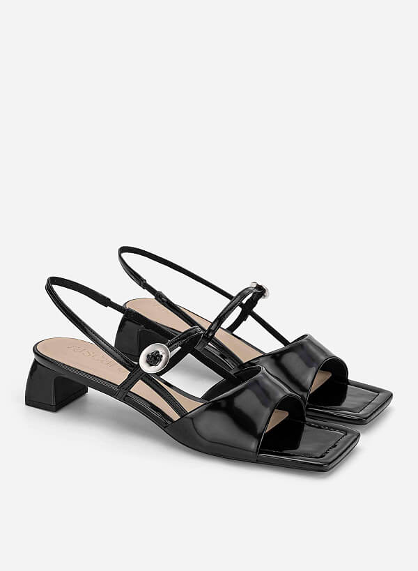 Square Toe Wide Straps Block Heel Sandals - PUM 0824 - Black - VASCARA