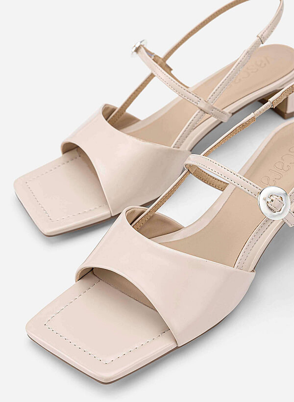 Square Toe Wide Straps Block Heel Sandals - PUM 0824 - Cream - VASCARA