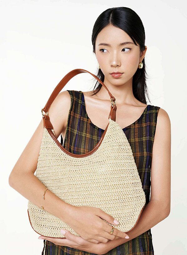 Straw Shoulder Hobo Bag - MES 0287 - Brown - VASCARA
