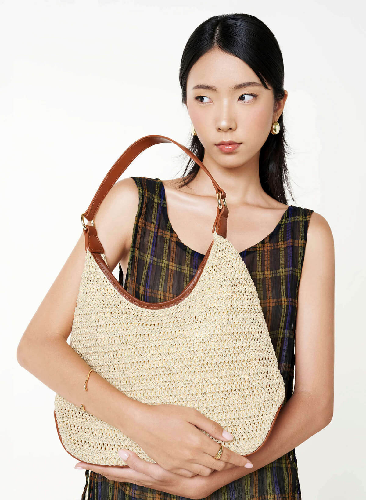 Straw Shoulder Hobo Bag - MES 0287 - Brown - vascara.com
