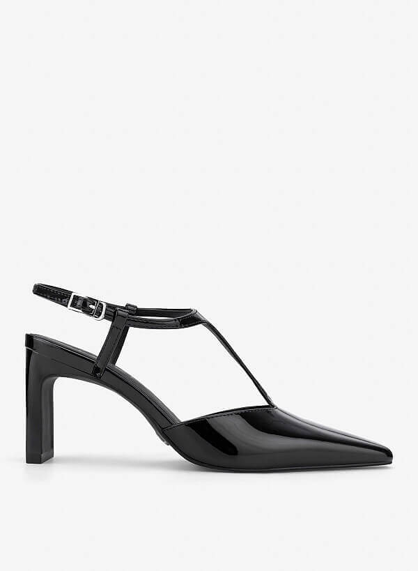 T‑Strap Pointed Block Heel Mules - HIG 0715 - Black