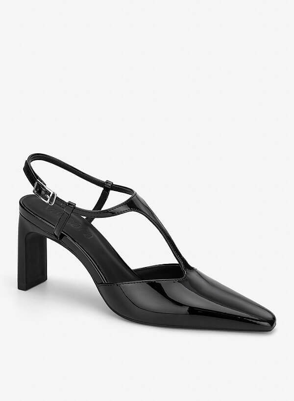 T‑Strap Pointed Block Heel Mules - HIG 0715 - Black - VASCARA