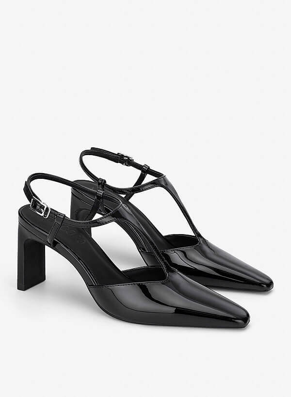 T‑Strap Pointed Block Heel Mules - HIG 0715 - Black - VASCARA