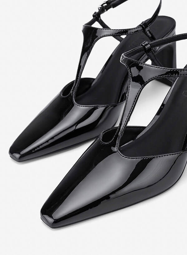 T‑Strap Pointed Block Heel Mules - HIG 0715 - Black - VASCARA