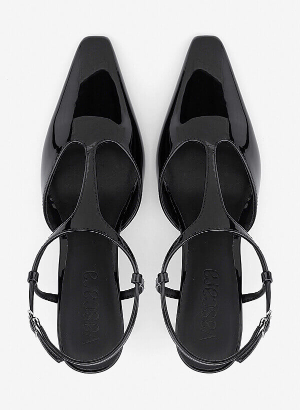T‑Strap Pointed Block Heel Mules - HIG 0715 - Black - VASCARA