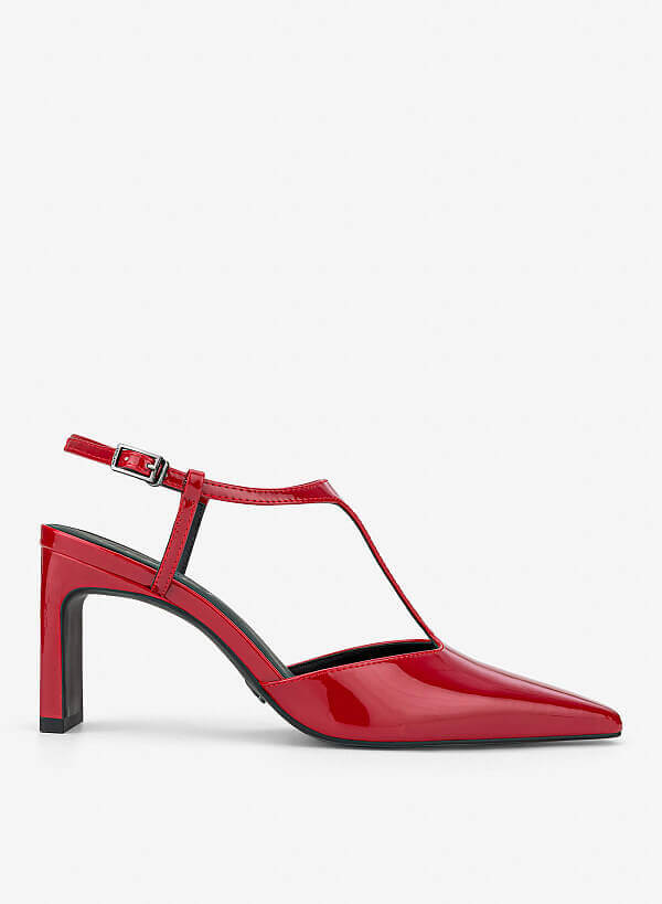 T‑Strap Pointed Block Heel Mules - HIG 0715 - Red