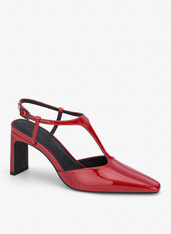 T‑Strap Pointed Block Heel Mules - HIG 0715 - Red - VASCARA