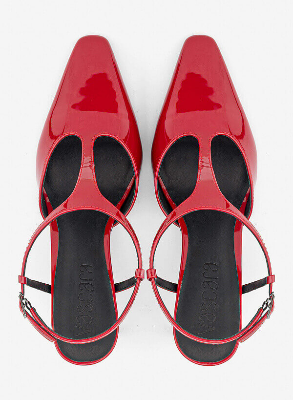 T‑Strap Pointed Block Heel Mules - HIG 0715 - Red - VASCARA